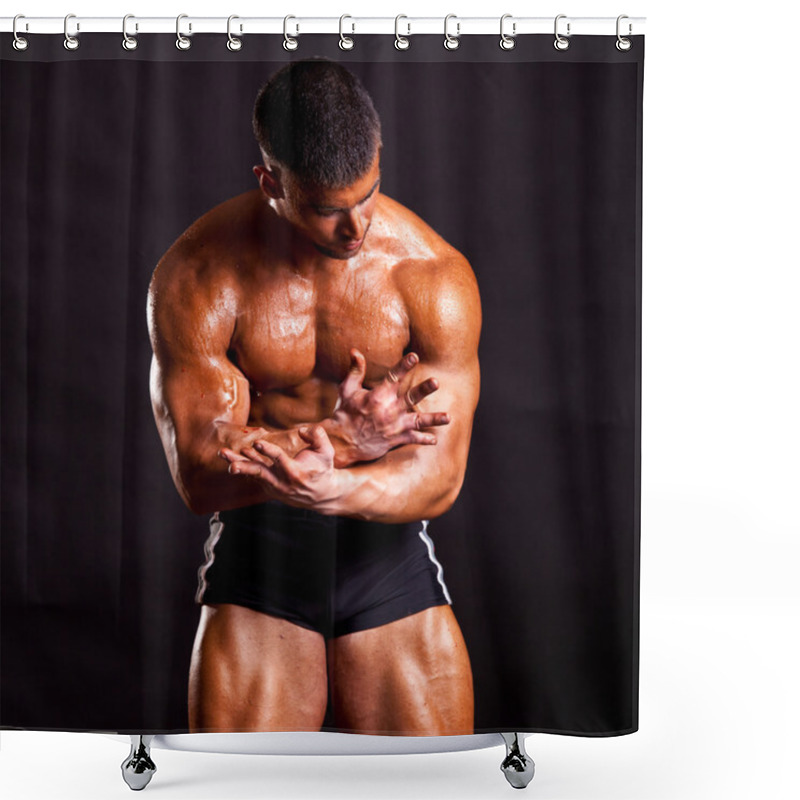 Personality  Young Bodybuilder Posing Shower Curtains