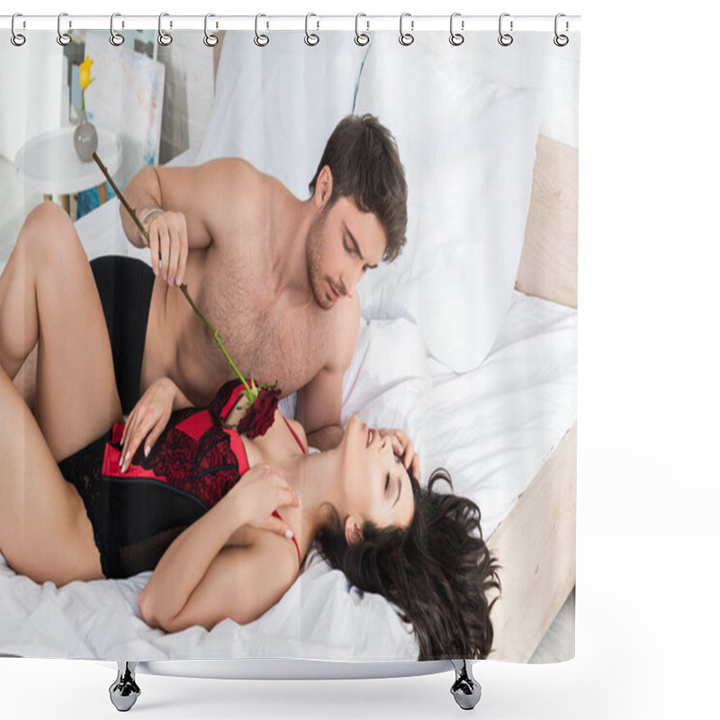 Personality  High Angle View Of Man Touching Sexy And Passionate Woman With Rose On Bed  Shower Curtains