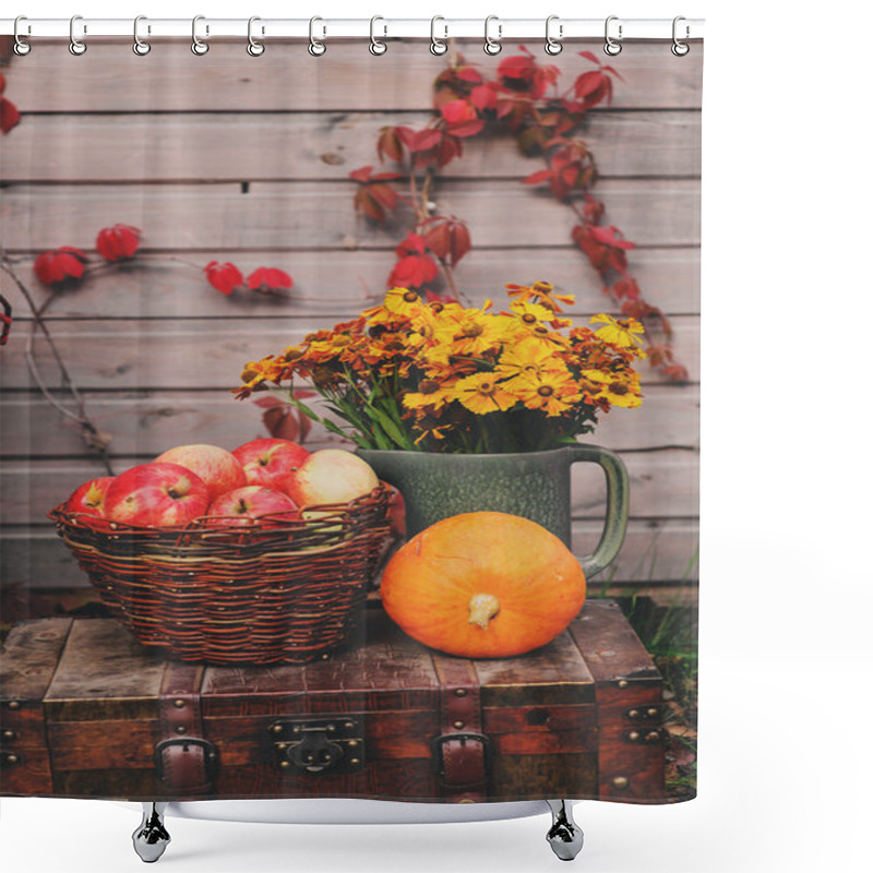 Personality  Fall At Country House. Seasonal Decorations With Pumpkins, Fresh Apples And Flowers. Autumn Harvest At Farm. Shower Curtains