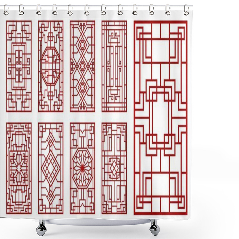 Personality  Asian Window And Door Ornaments. Korean, Chinese And Japanese Patterns. Oriental Vintage Vector Wall Or Interior Decorations With Endless Knot Lattice Or Grid, Floral And Line Rectangular Ornaments Shower Curtains