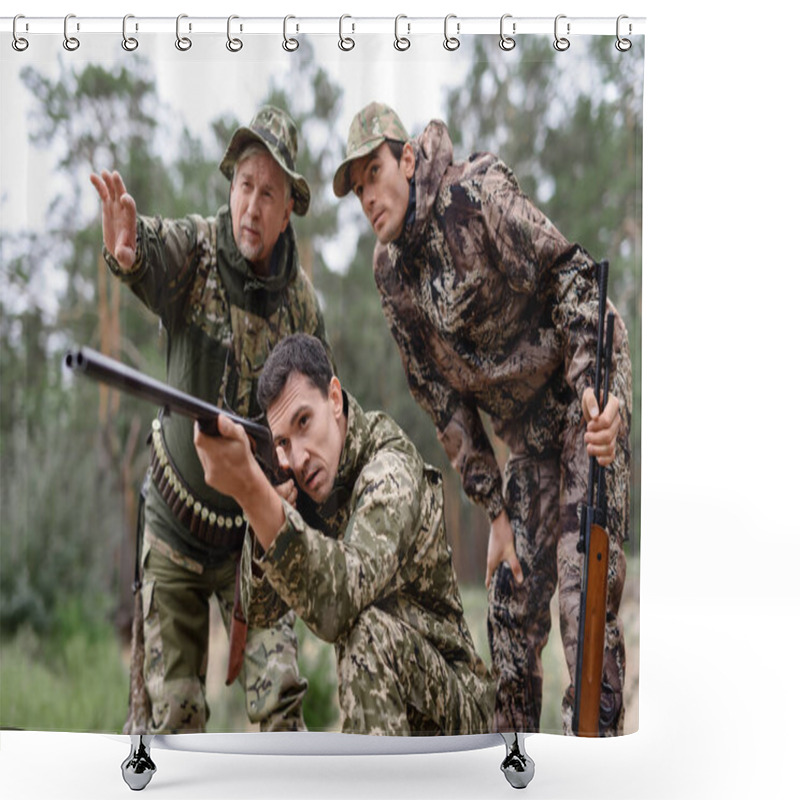 Personality  Young Hunter Aiming With Double Barreled Shotgun. Shower Curtains