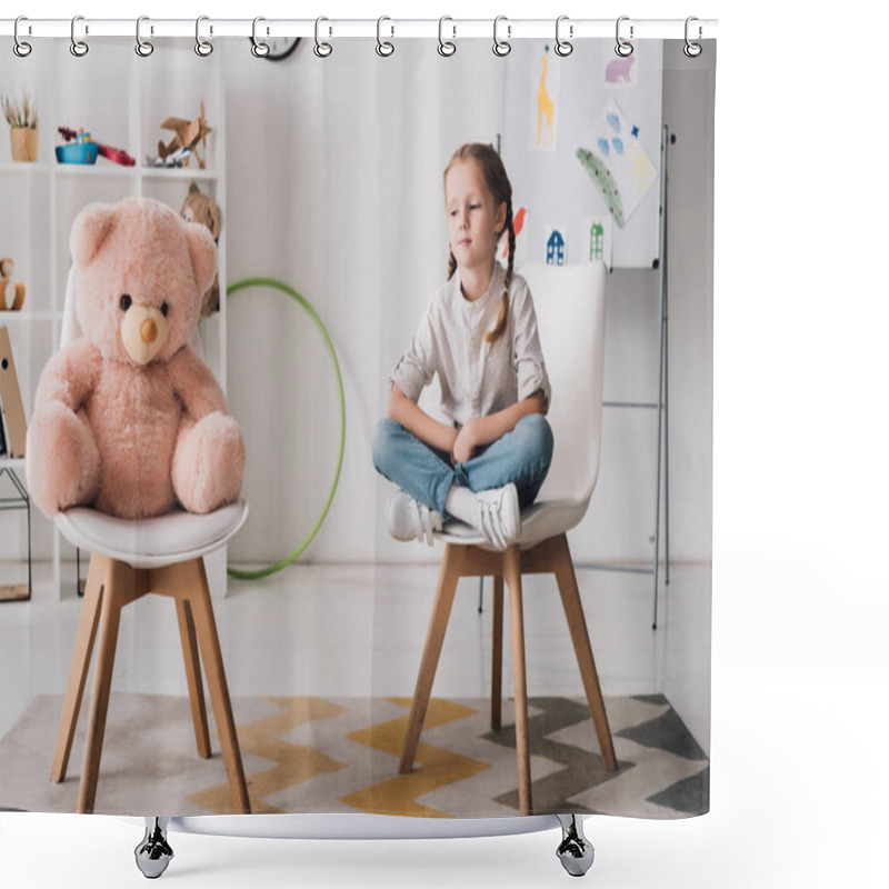 Personality  Lonely Little Child Sitting On Chair Near Pink Teddy Bear Shower Curtains