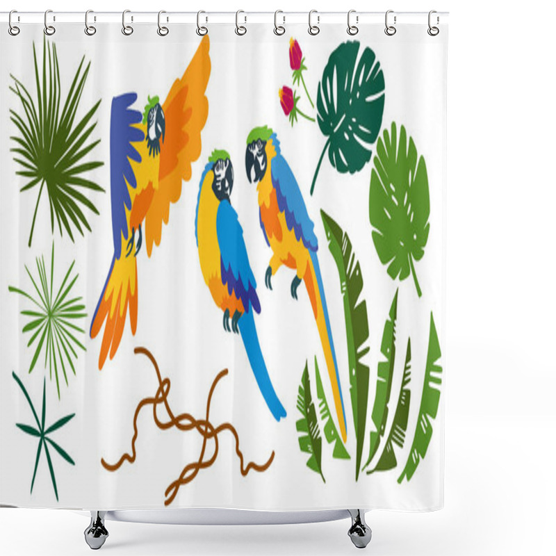 Personality  Set Of Vector Tropical Elements. Leaves, Parrots, Flowers, Branches. Typographic Design. Flat Style. Vector Shower Curtains