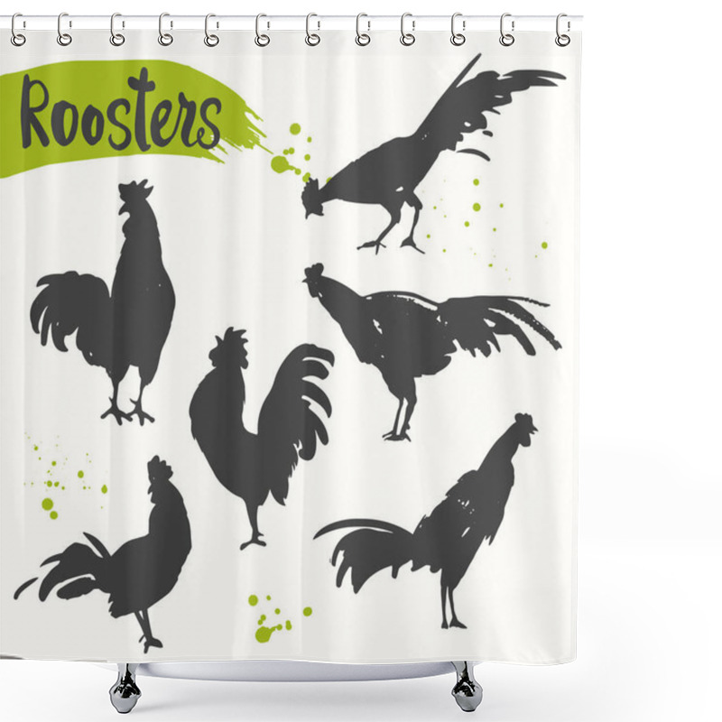 Personality  Silhouette Of The Cock In Different Poses.. Sketch Style. Vector Illustration With Black And White Roosters. Brush Drawings. Shower Curtains