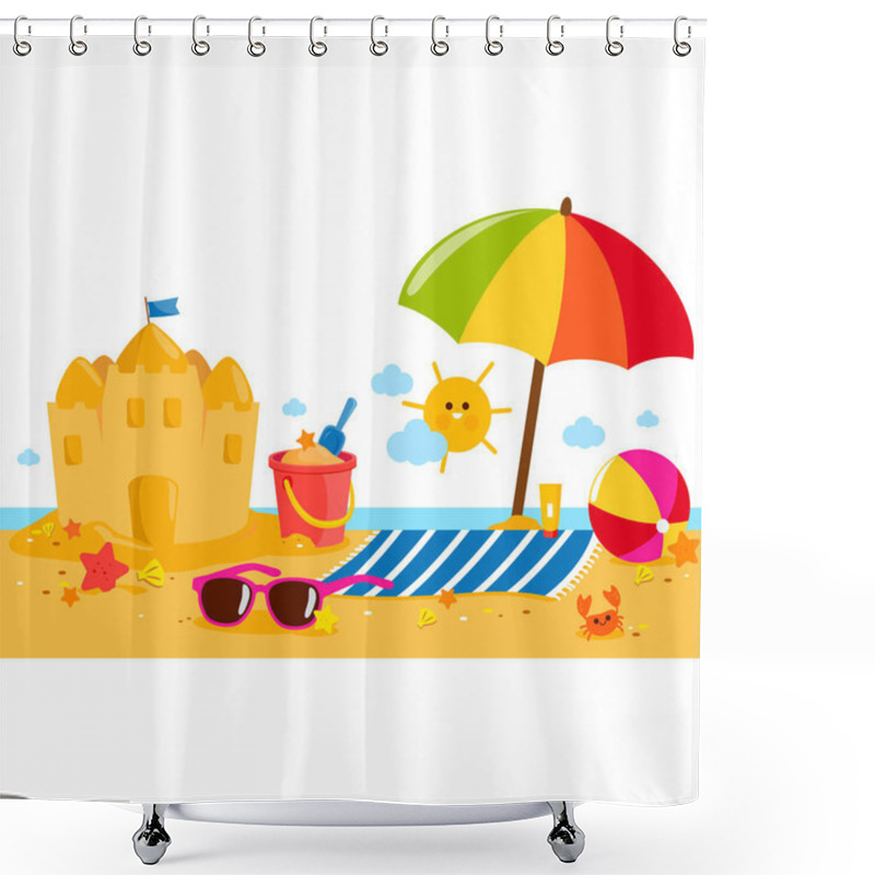 Personality  Summer Vacation Island Banner With Beach Umbrella, Towel, A Sandcastle And Other Beach Toys.  Shower Curtains