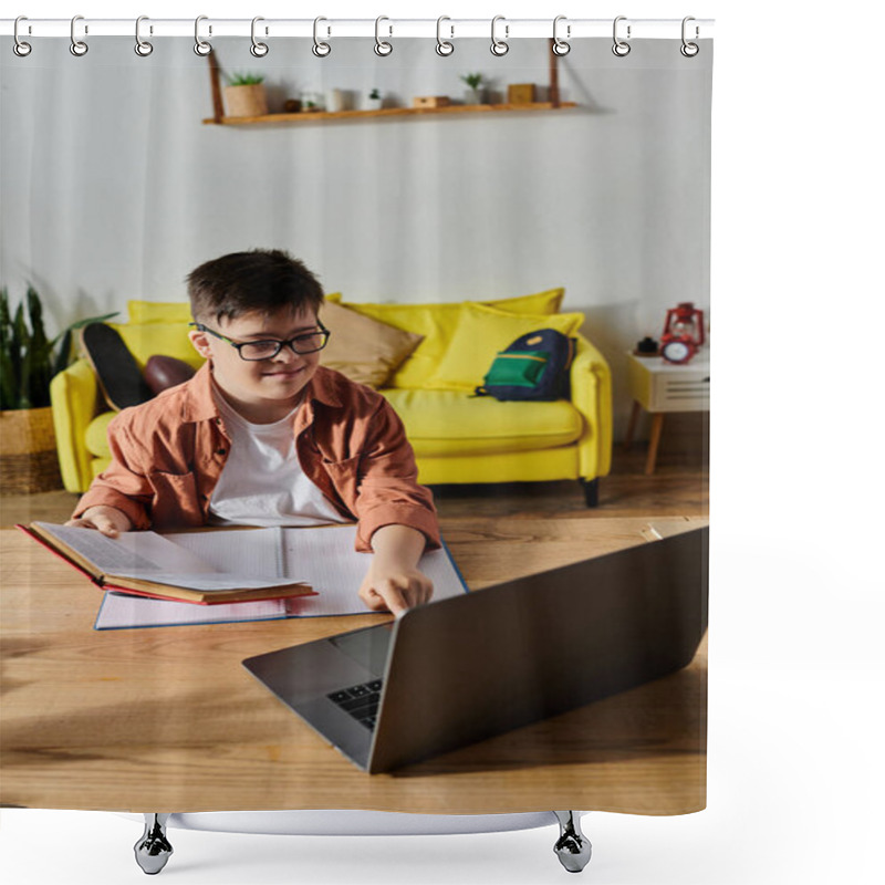 Personality  A Boy With Down Syndrome Sitting At A Table With A Laptop And A Book. Shower Curtains