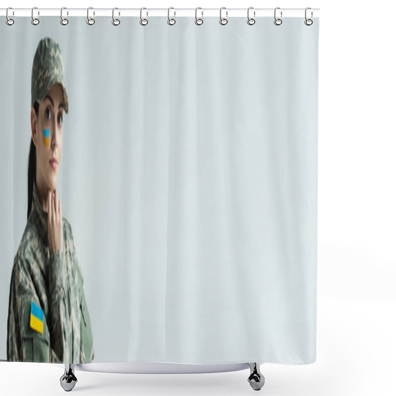 Personality  Servicewoman With Ukrainian Flag Painted On Face Isolated On Grey, Banner Shower Curtains