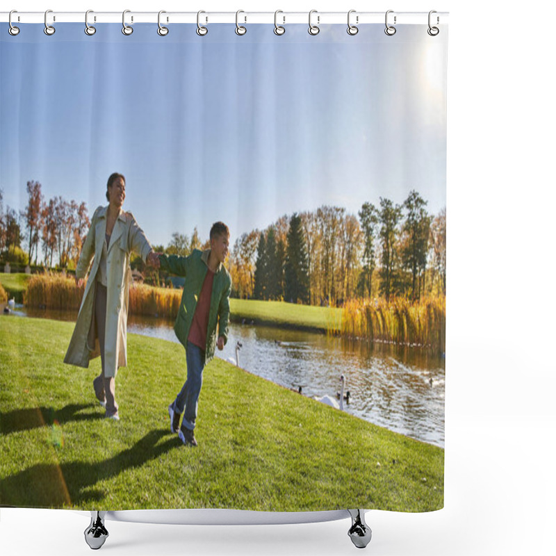 Personality  Happy Childhood, African American Woman In Outerwear Running With Son Near Pond, Autumn, Fall Season Shower Curtains