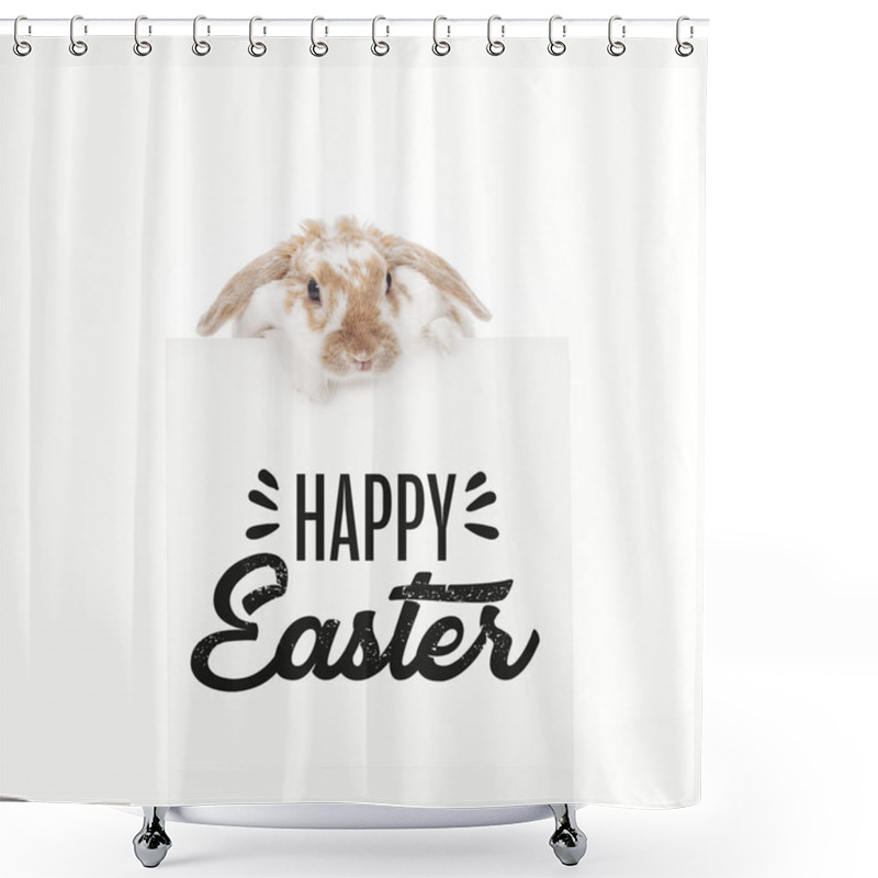 Personality  Cute Bunny On Board With Black Happy Easter Lettering Isolated On White Shower Curtains