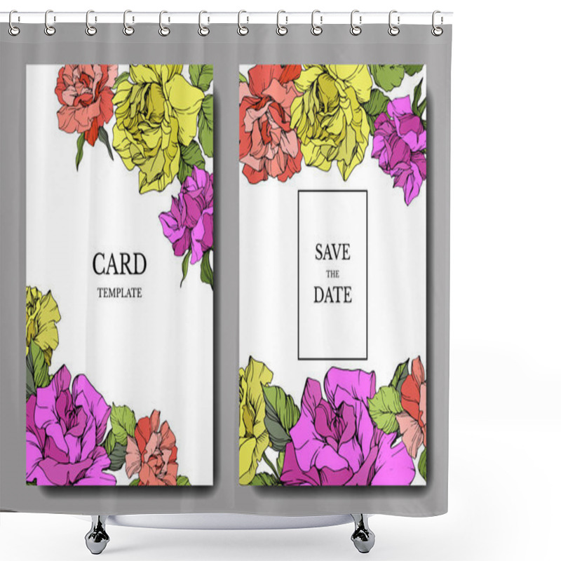 Personality  Vector. Coral, Yellow And Purple Rose Flowers On Cards. Wedding Cards With Floral Decorative Borders. Thank You, Rsvp, Invitation Elegant Cards Illustration Graphic Set. Engraved Ink Art. Shower Curtains