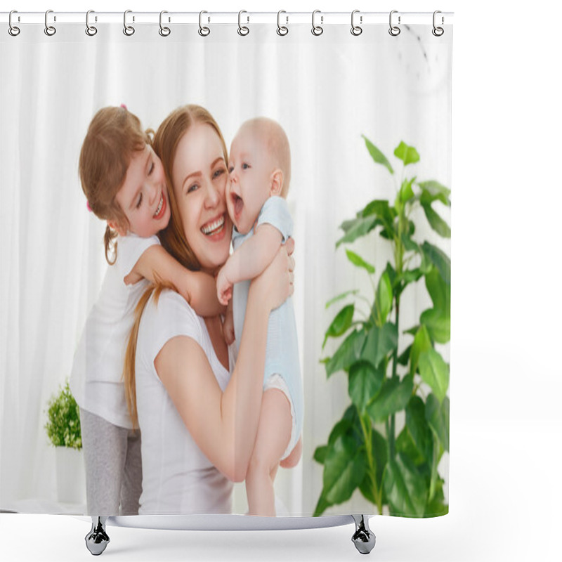 Personality  Happy Family Mother And Two Children, Son And Daughter In Bed  Shower Curtains