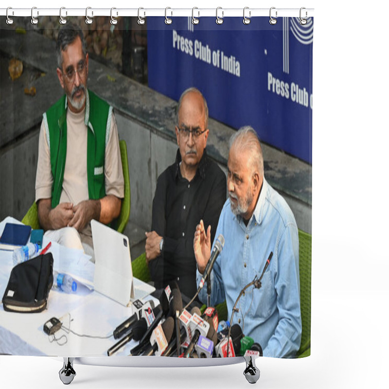 Personality  NEW DELHI, INDIA - MARCH 22: Adv. Prashant Bhushan, Supreme Court, Prof. Jagdeep Chhokar, Association Of Democratic Reforms, Anjali Bharadwaj, Common Cause, Nitin Sethi, Reporters Collective Addressing A Press Conference On The Final Disclosures  Shower Curtains