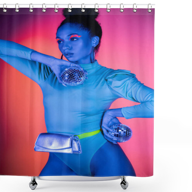 Personality  Trendy African American Woman In Neon Bodysuit Holding Disco Balls On Pink Background Shower Curtains