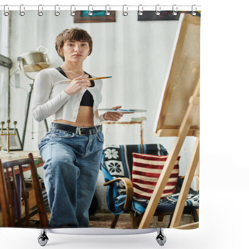 Personality  A Woman Holding A Paintbrush, Standing In Front Of An Easel. Shower Curtains