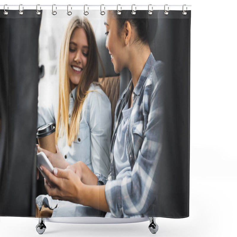 Personality  Selective Focus Of Asian Woman Showing Smartphone To Her Female Friend With Paper Cup Of Coffee During Trip On Bus Shower Curtains