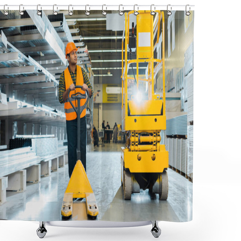 Personality  Serious Indian Worker In Safety Vest And Helmet Standing Near Pallet Jack In Warehouse Shower Curtains