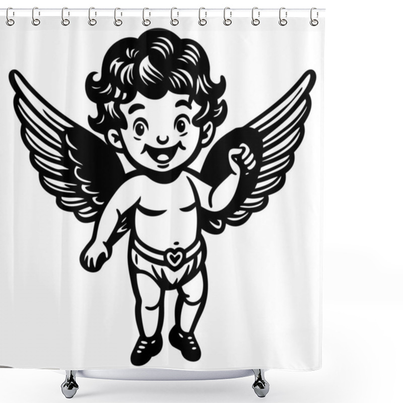 Personality  Happy Cherub With Wings And Heart-shaped Belt Buckle. Black And White Line Art Illustration For Valentine's Day Design Shower Curtains