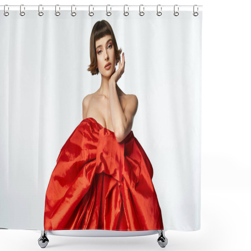 Personality  A Fashionable Young Woman Poses Gracefully In A Vibrant Red Dress. Shower Curtains