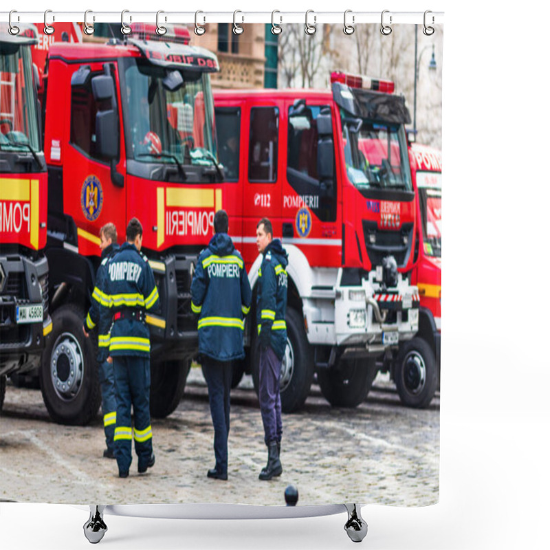 Personality  Romanian Firefighting Emergency Firemen (Pompierii) Parked In Front Of The Home Office (Ministry Of The Interior) In Bucharest, Romania, 2020. Coronavirus Worldwide Outbreak Crisis. Spread Of The COVID-19 Virus Shower Curtains