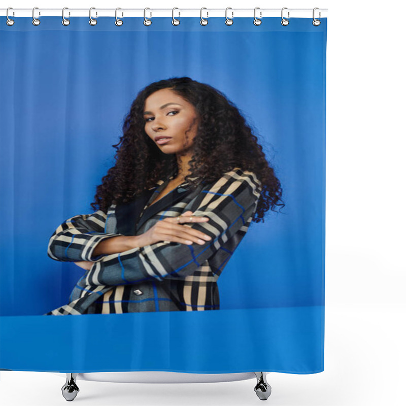 Personality  A Confident Woman Showcases Her Beauty And Style While Striking A Powerful Pose Against Blue. Shower Curtains