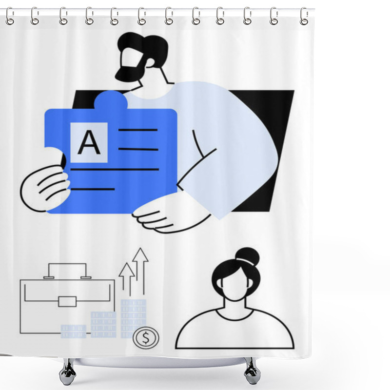 Personality  Man Holds A Blue Puzzle Piece With A, Briefcase And Graph With Arrows, Female Profile. Ideal For Business Growth, Team Roles, Collaboration, Professional Development, Career Planning, Leadership Shower Curtains