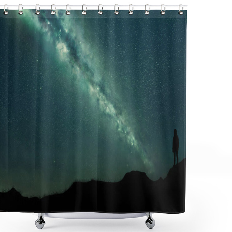 Personality  Silhouette Of A Young Girl On A Mountainous Landscape At Night Against A Blue Sky Full Of Stars And An Incredible Milky Way. Shower Curtains