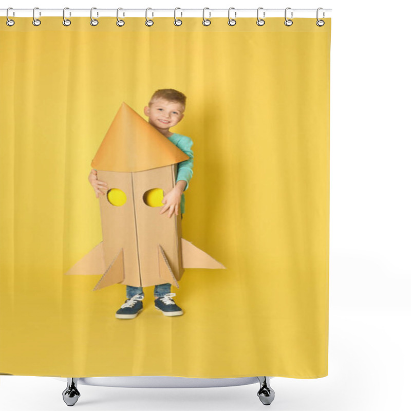 Personality  Little Child Playing With Rocket Made Of Cardboard Box On Yellow Background Shower Curtains