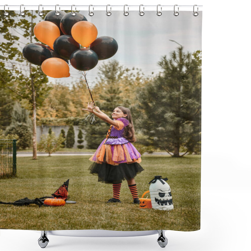 Personality  Joyful Girl In Halloween Costume Holding Balloons Near Pumpkin, Witch Hat And Candy Bucket On Grass Shower Curtains