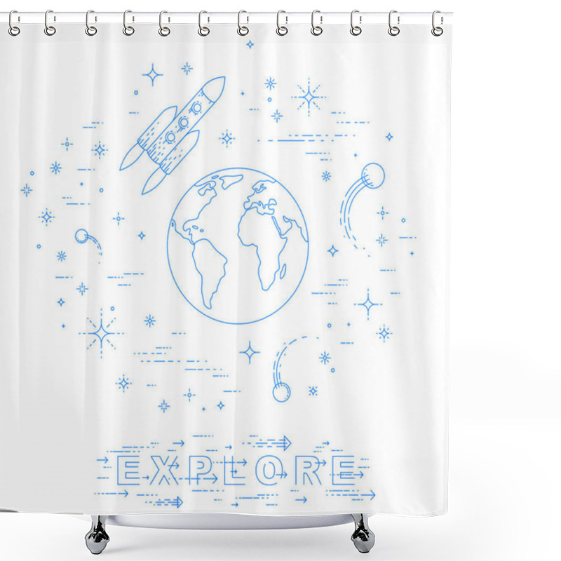 Personality  Small Earth In Endless Space Surrounded By Asteroids, Rockets, Meteors, Stars And Other Elements. Cosmos Science Theme. Thin Line 3d Vector Illustration Isolated On White. Shower Curtains