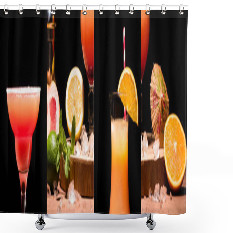 Personality  Collage Of Alcohol Cocktails Near Mint Leaves, Oranges, Lime And Lemon Isolated On Black  Shower Curtains