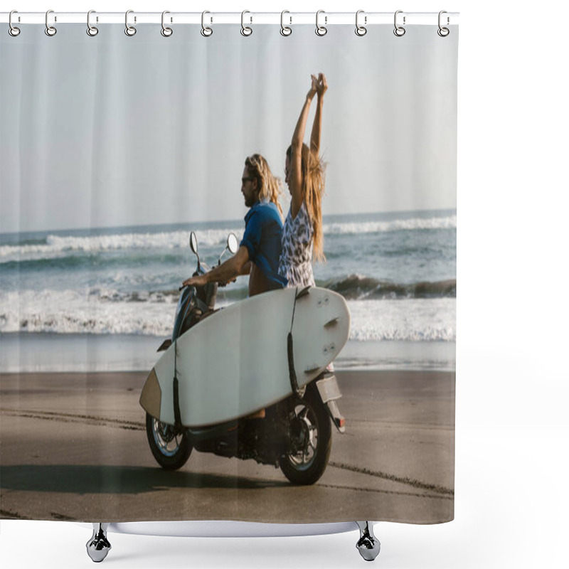 Personality  Side View Of Couple Riding Scooter With Surfboard On Beach In Bali, Indonesia Shower Curtains