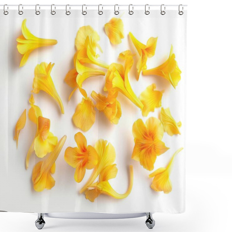 Personality  A Vibrant Arrangement Of Yellow Flower Petals Scattered Elegantly On A White Background. Shower Curtains