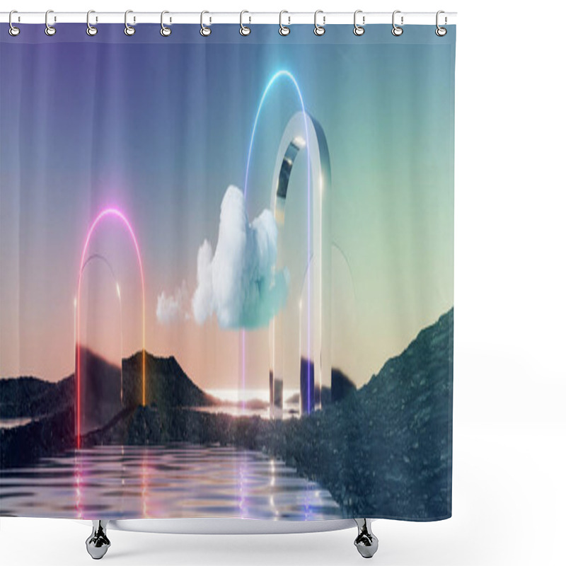 Personality  3d Render, Abstract Panoramic Background. Fantastic Landscape With Water, Rocks, Mirror Arch, Neon Frame And Cloud. Pastel Gradient Sky. Modern Minimal Aesthetic Wallpaper Shower Curtains