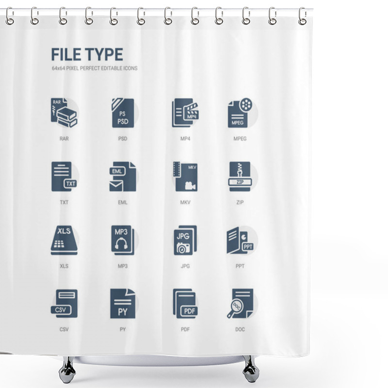 Personality  Simple Set Of Icons Such As Doc, Pdf, Py, Csv, Ppt, Jpg, Mp3, Xls, Zip, Mkv. Related File Type Icons Collection. Editable 64x64 Pixel Perfect. Shower Curtains