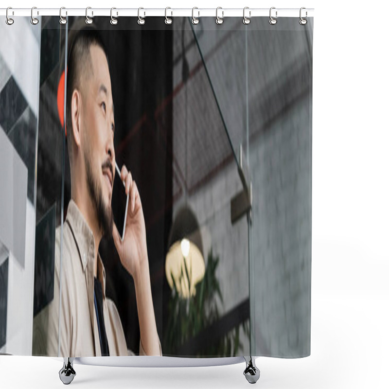 Personality  Happy Asian Man Having Business Phone Call On Smartphone Near Glass Door In Office, Banner Shower Curtains