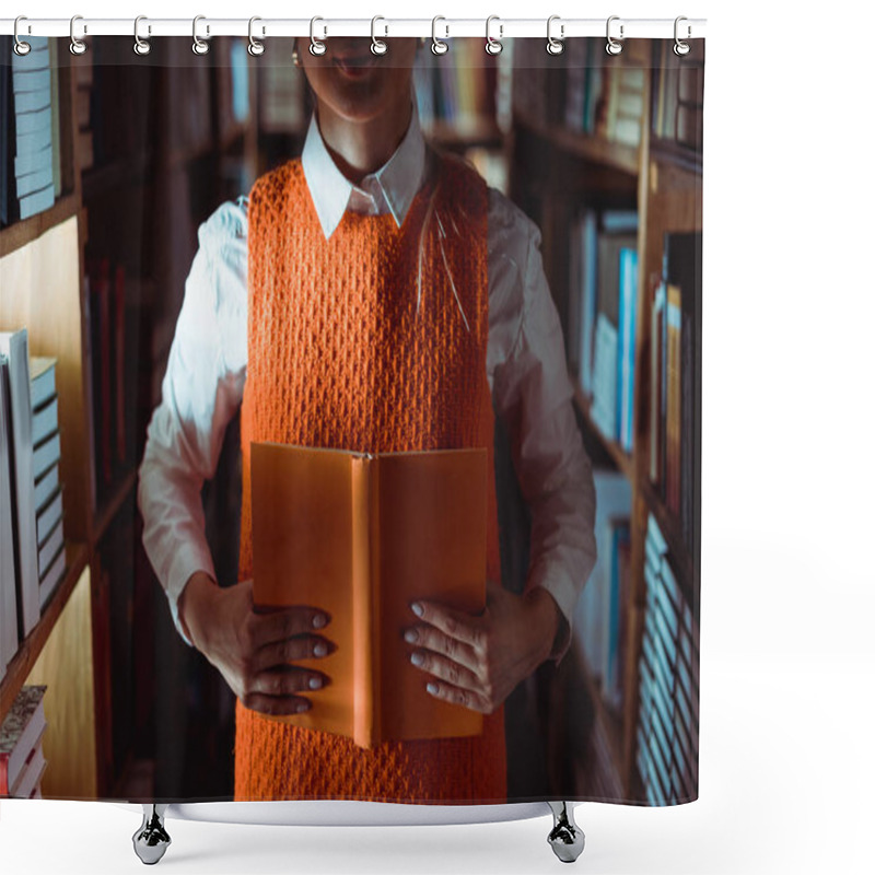 Personality  Partial View Of Woman In Dress Holding Orange Book With Copy Space In Library  Shower Curtains