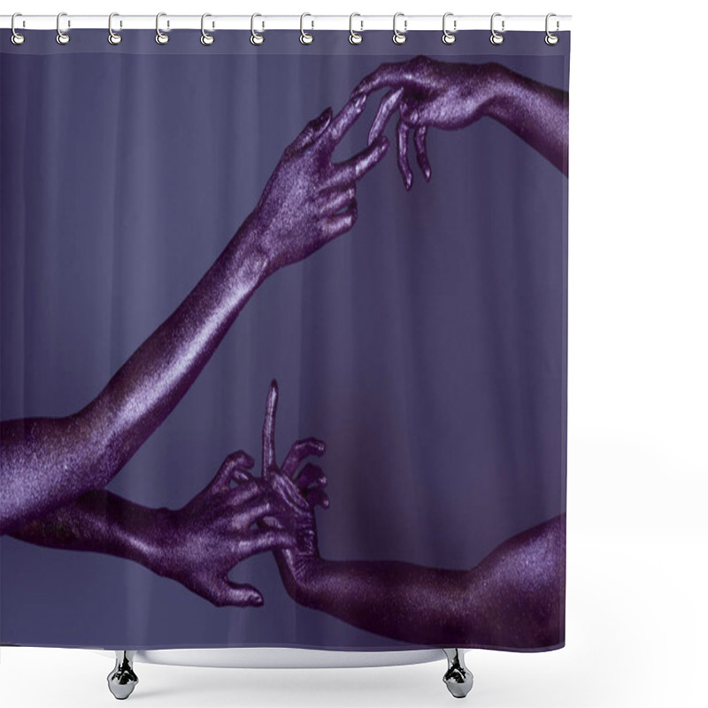 Personality  Cropped View Of Tender Female Hands In Purple Glitter Touching Each Other Shower Curtains