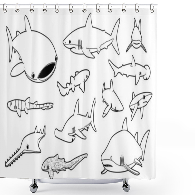 Personality  Various Sharks Cartoon Vector Illustration Monochrome 2 Shower Curtains