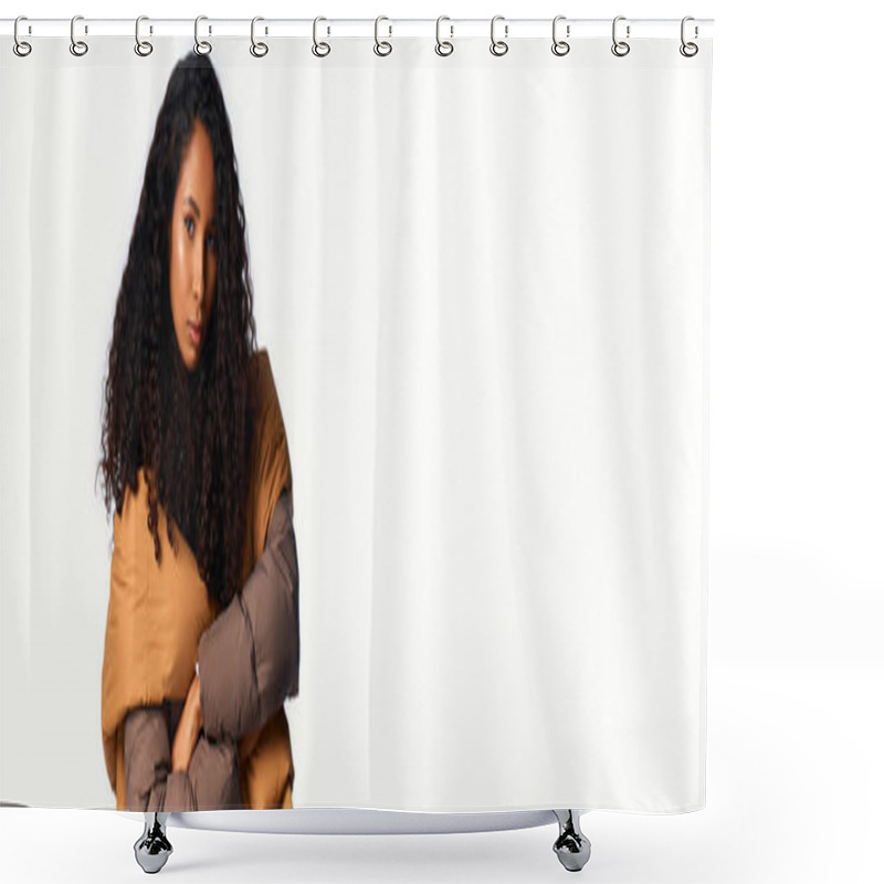 Personality  Curly Haired Woman Models Chic Layers, Exuding Confidence In A Warm, Inviting Atmosphere. Shower Curtains