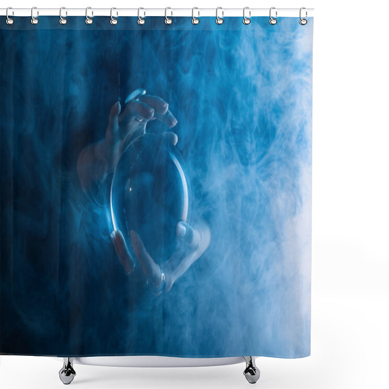 Personality  Partial View Of Witch Holding Crystal Ball With Smoke Around On Dark Blue  Shower Curtains