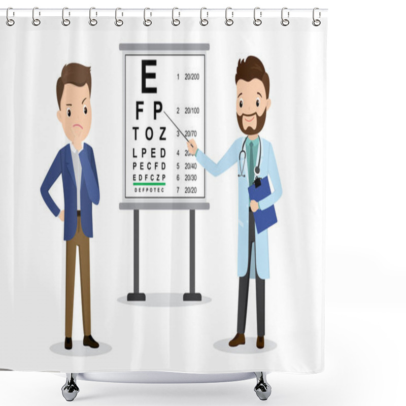 Personality  Male Doctor Optometrist Examines Vision,Snellen Eye Chart,health Care Vector Illustration,flat Design Isolated On White Background Shower Curtains