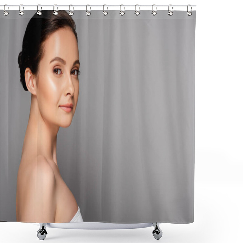 Personality  Side View Of Beautiful Woman With Perfect Skin Looking At Camera Isolated On Grey Shower Curtains