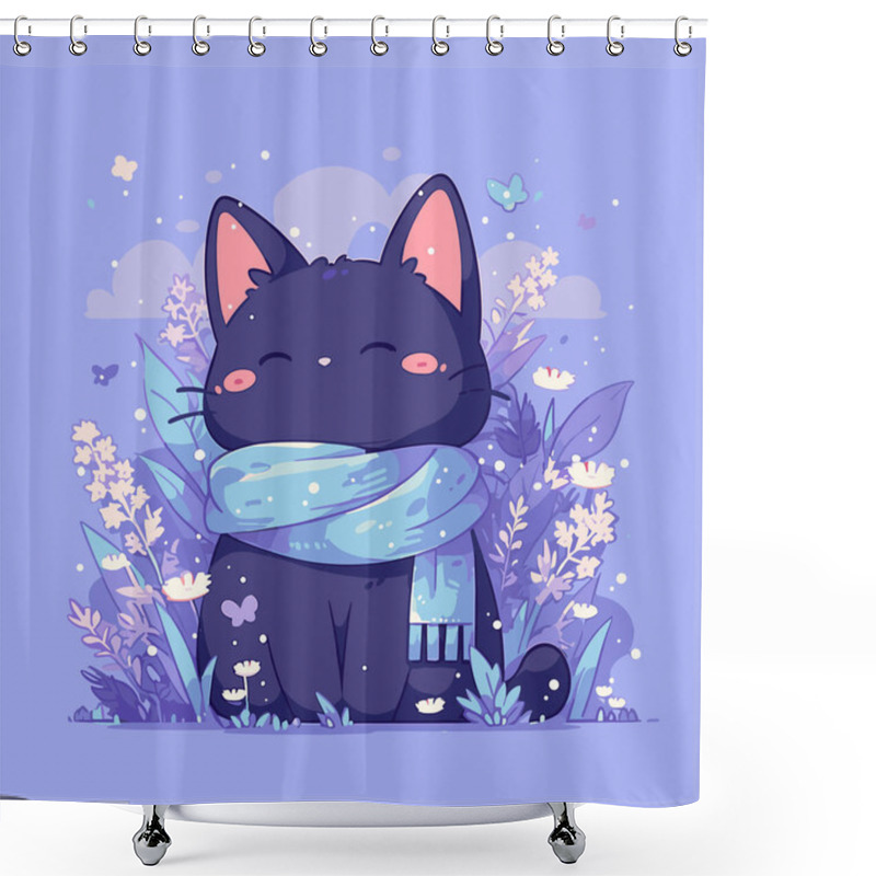 Personality  Adorable Cartoon Cat In Floral Meadow With Scarf Amid Butterflies. Vector Cute Cat. Shower Curtains