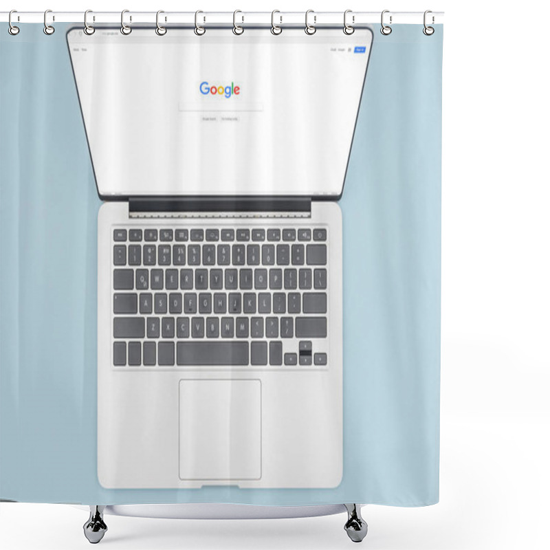 Personality  Top View Of Laptop With Opened Google Browser Isolated On Light Blue  Shower Curtains