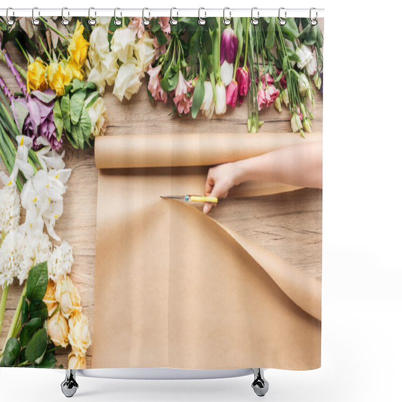 Personality  Partial View Of Florist Cutting Craft Paper With Scissors Near Flowers On Wooden Surface Shower Curtains