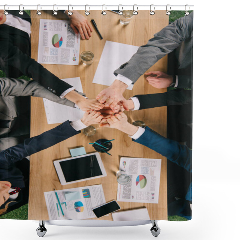 Personality  Cropped View Of Business Partners At Table In Office, Businesspeople Teamwork Collaboration Relation Concept Shower Curtains