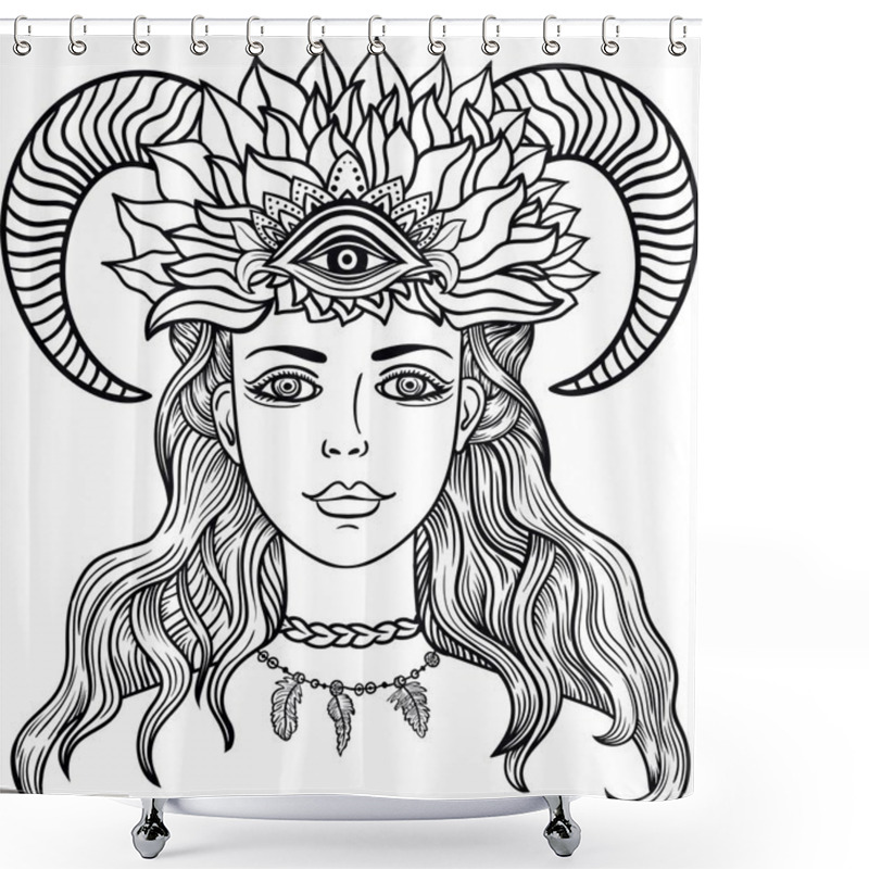 Personality  Hand Drawn Beautiful Artwork Of Female Shaman With Third Eye And Ram Horn . Alchemy, Spirituality, Tattoo Line Zentangle Hipster Art, Coloring Books.Isolated Vector Illustration. Feathers, Horns Shower Curtains