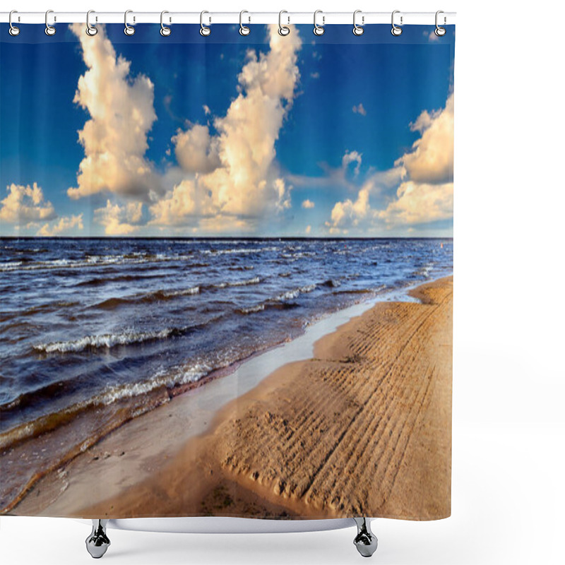 Personality  Foamy Waves In The Baltic Sea Against The Blue Sky With Fluffy Clouds On Sunset In Jurmala, Latvia Shower Curtains