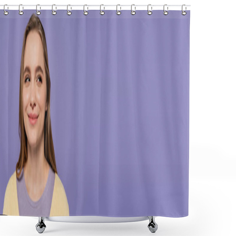 Personality  Sly Young Woman Looking Away And Smiling Isolated On Purple, Banner Shower Curtains