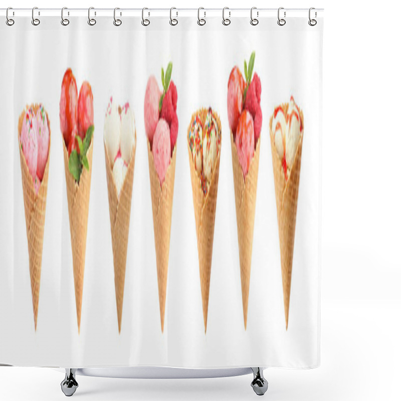 Personality  Set Of Different Ice Creams In Wafer Cones On White Background. Banner Design Shower Curtains